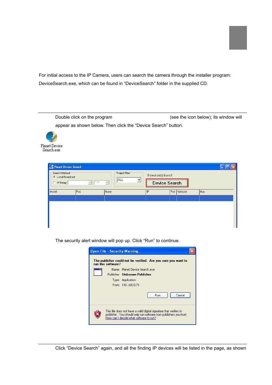 Chapter 3 accessing camera, 1 device search software setup, 2 device search | PLANET ICA-HM620 User Manual | Page 21 / 109