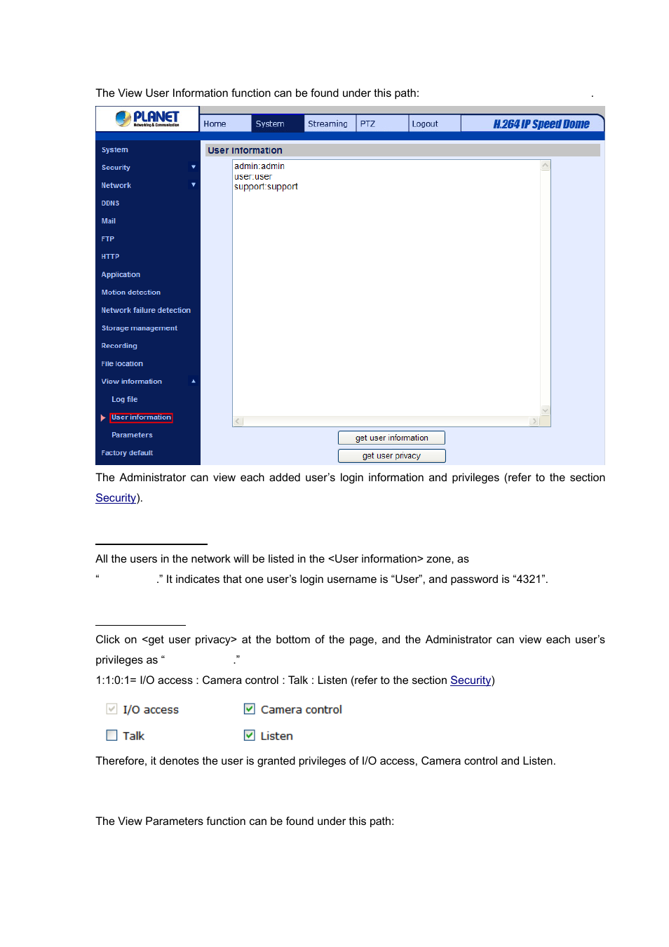 2 view user information, 3 view parameters | PLANET ICA-HM620 User Manual | Page 71 / 109