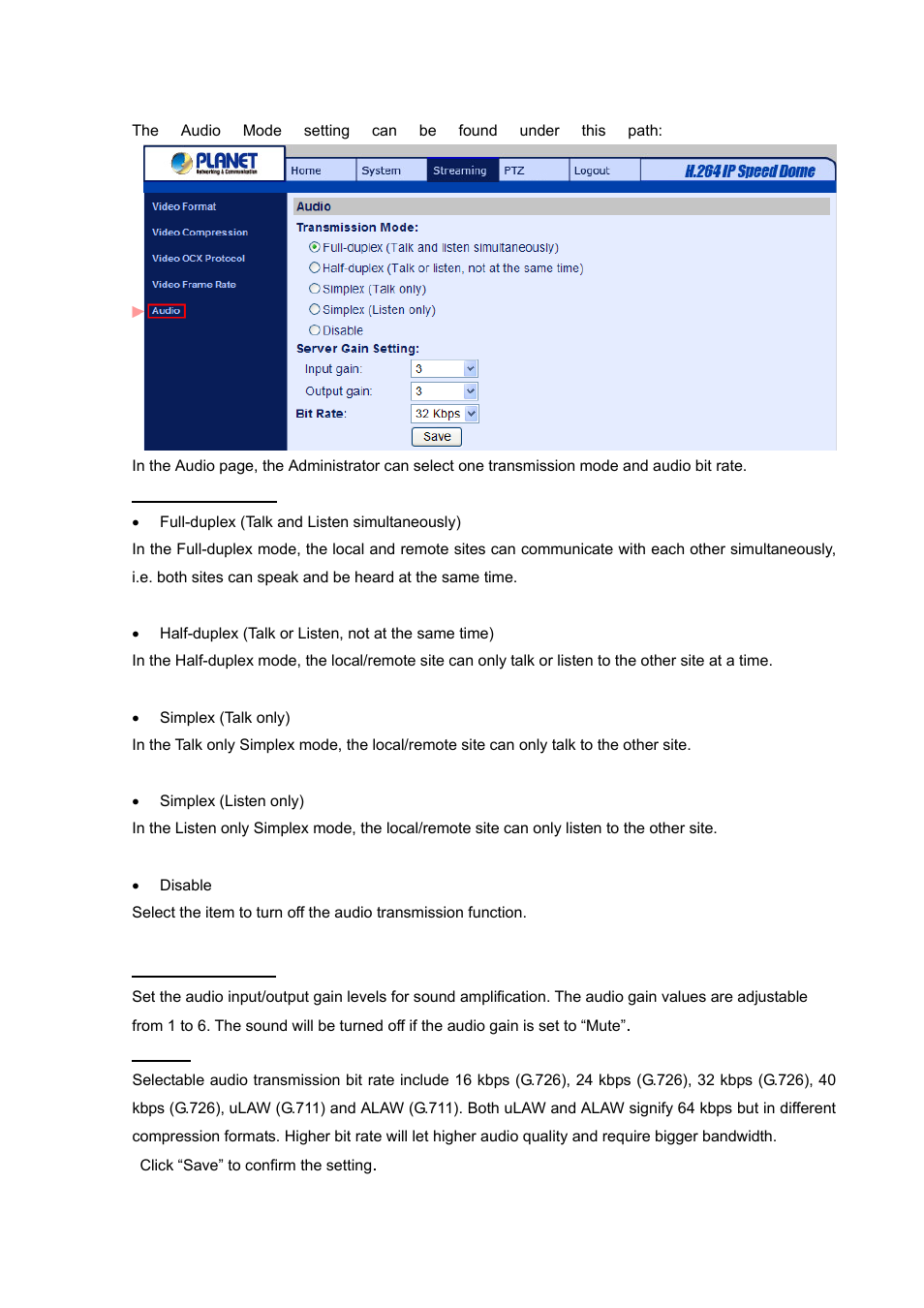 5 audio (audio mode and bit rate settings), Audio (audio mode and bit rate settings) | PLANET ICA-HM620 User Manual | Page 84 / 109