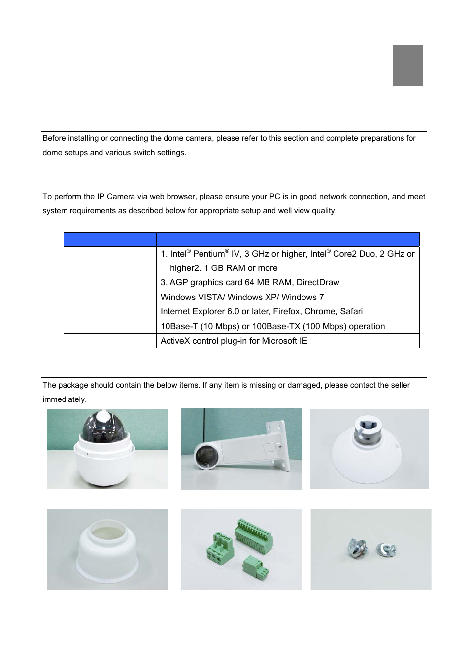 Chapter 2 camera setup and cable connections, Physical installation requirement, 1 system requirements | 2 verify the contents inside package box | PLANET ICA-HM620 User Manual | Page 9 / 109