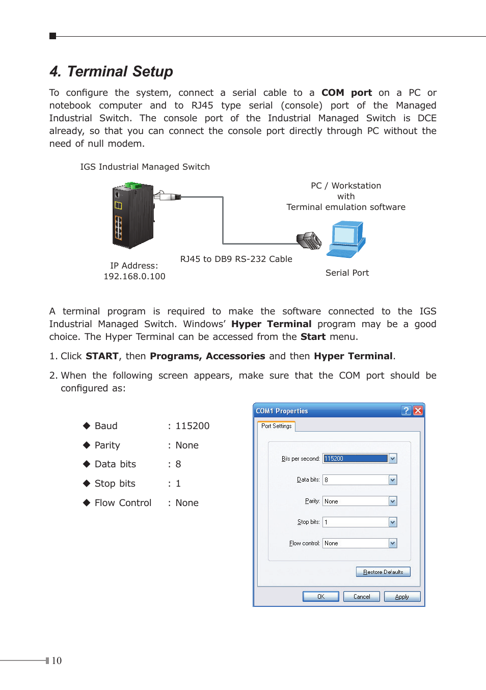 Terminal setup | PLANET IGS-10020HPT User Manual | Page 10 / 20