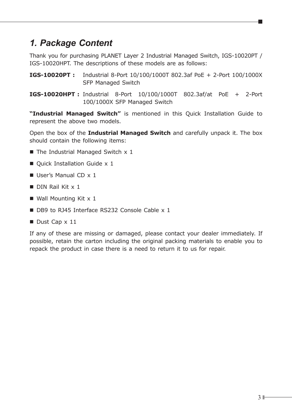 Package content | PLANET IGS-10020HPT User Manual | Page 3 / 16