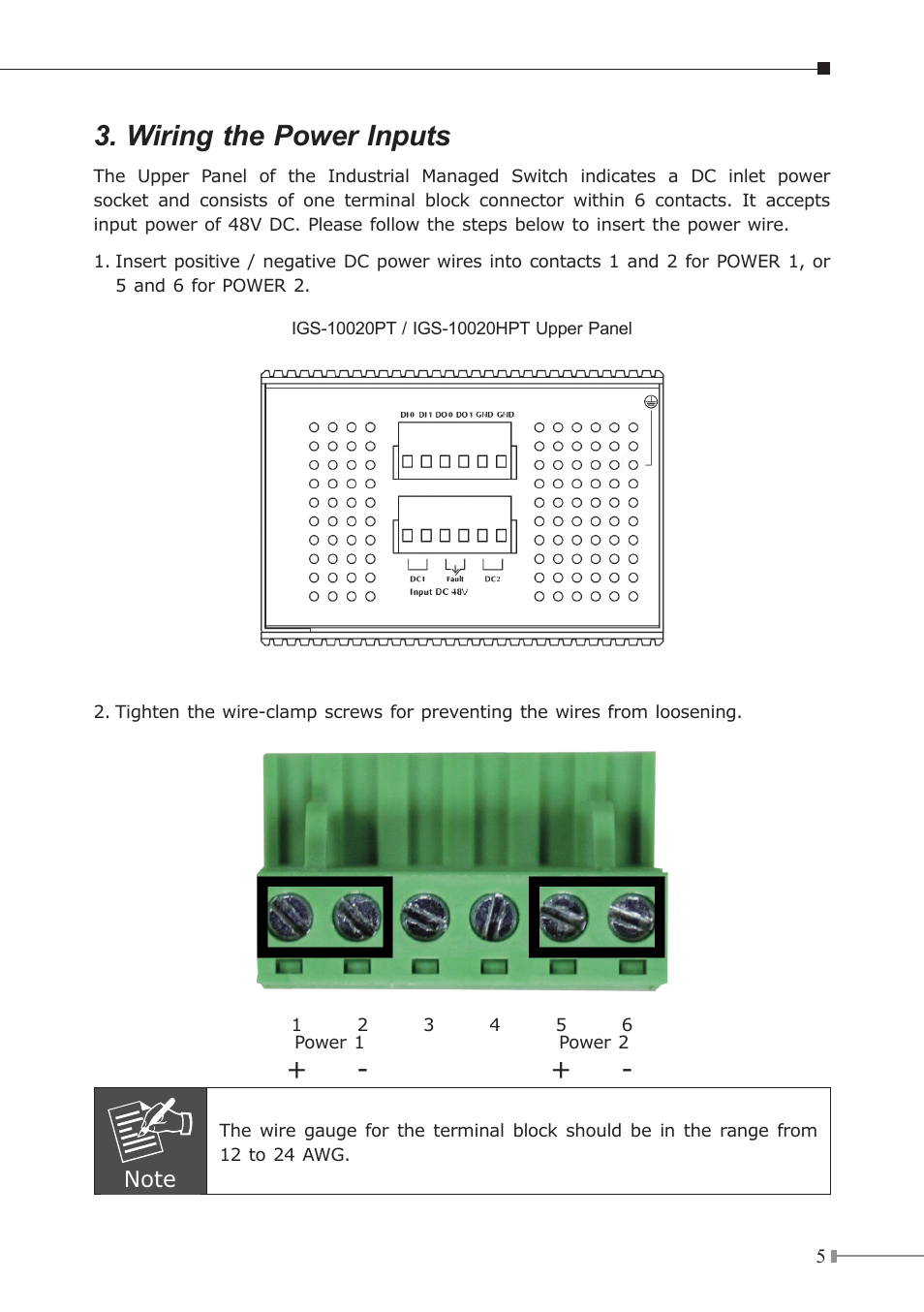 Wiring the power inputs | PLANET IGS-10020HPT User Manual | Page 5 / 16