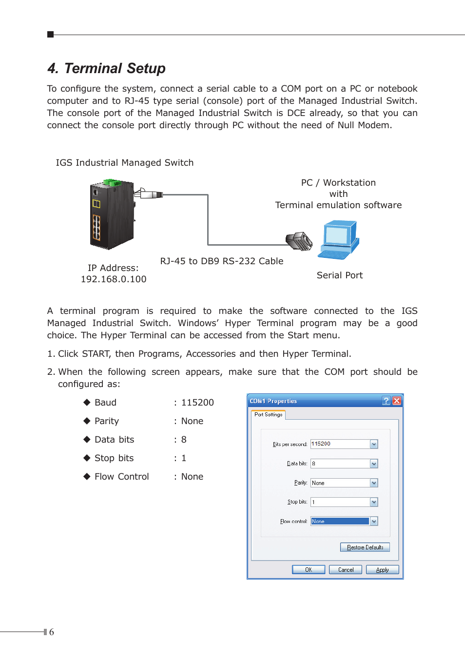 Terminal setup | PLANET IGS-10020HPT User Manual | Page 6 / 16