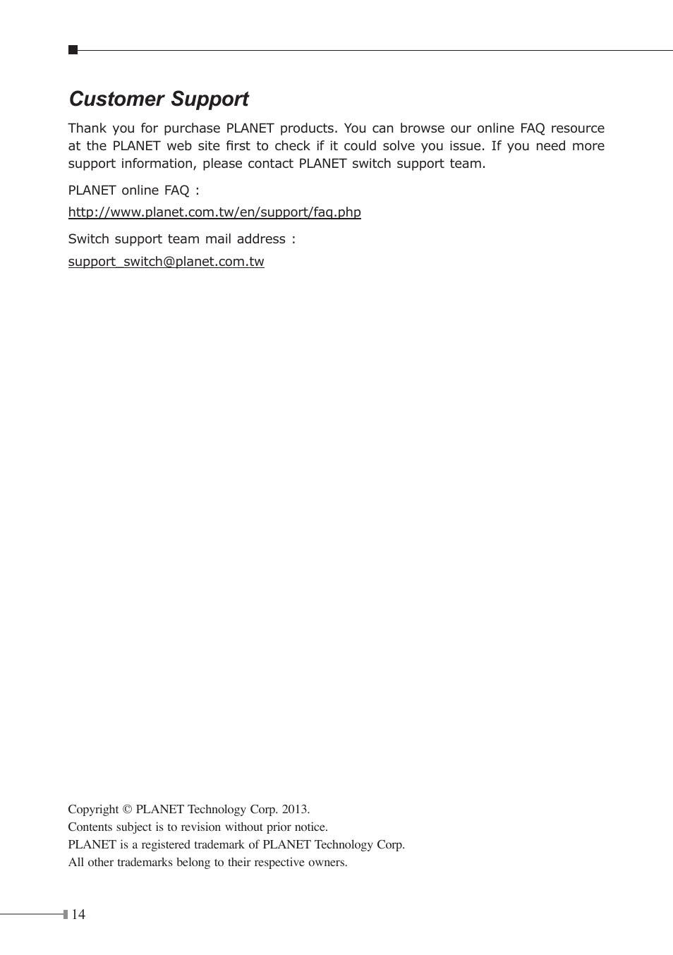 Customer support | PLANET IGS-10020HPT User Manual | Page 14 / 16