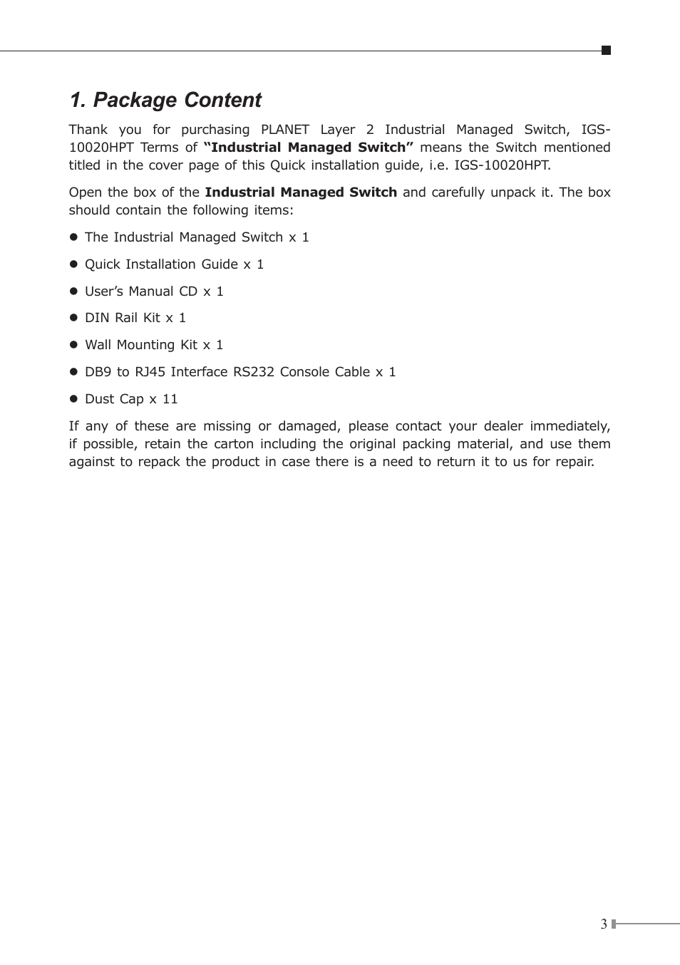 Package content | PLANET IGS-10020HPT User Manual | Page 3 / 16