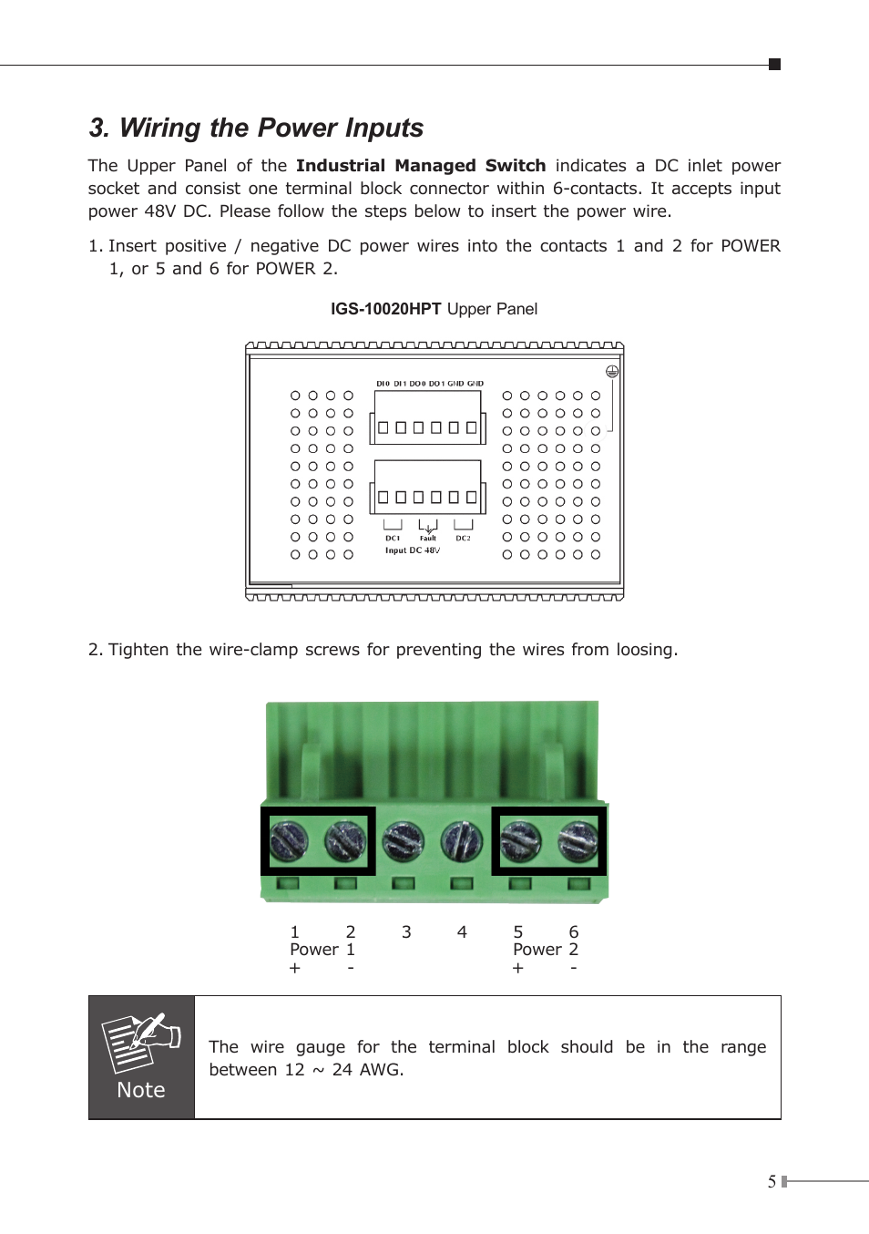 Wiring the power inputs | PLANET IGS-10020HPT User Manual | Page 5 / 16