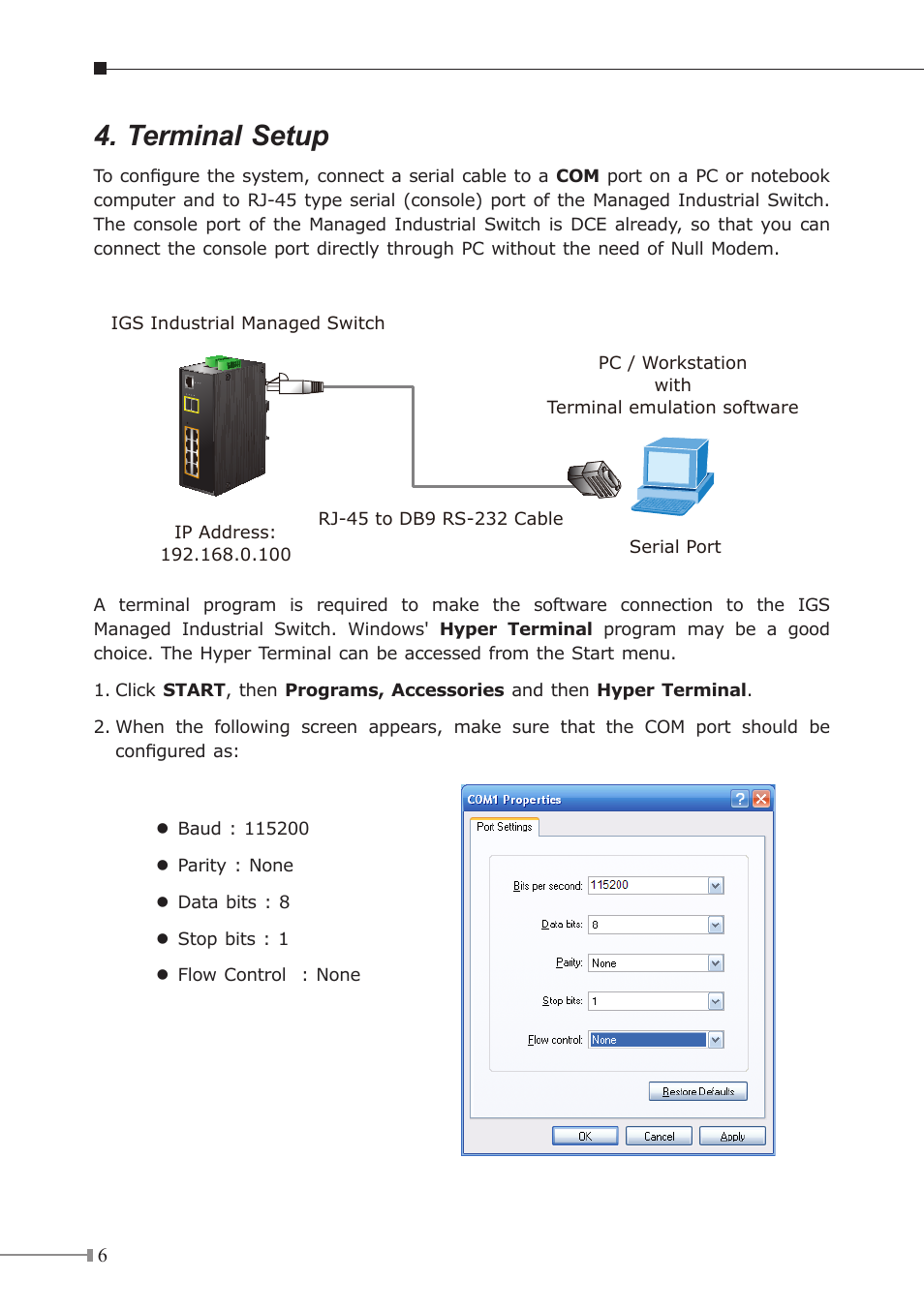 Terminal setup | PLANET IGS-10020HPT User Manual | Page 6 / 16