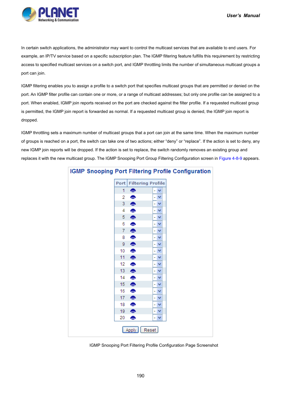 6 igmp snooping port group filtering | PLANET IGS-10020HPT User Manual | Page 190 / 417