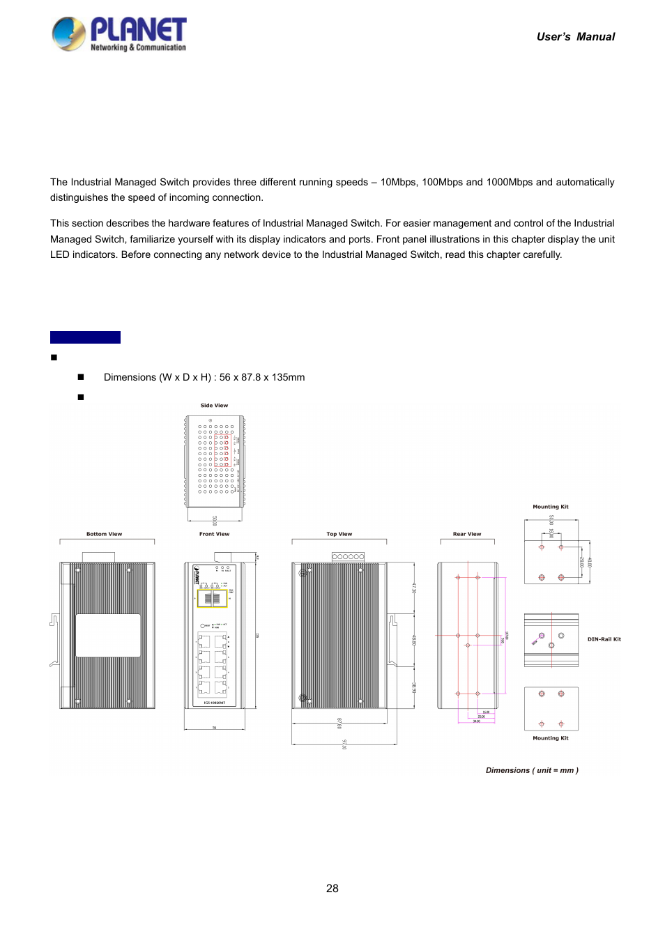 Installation, 1 hardware description, 1 physical dimensions | PLANET IGS-10020HPT User Manual | Page 28 / 417