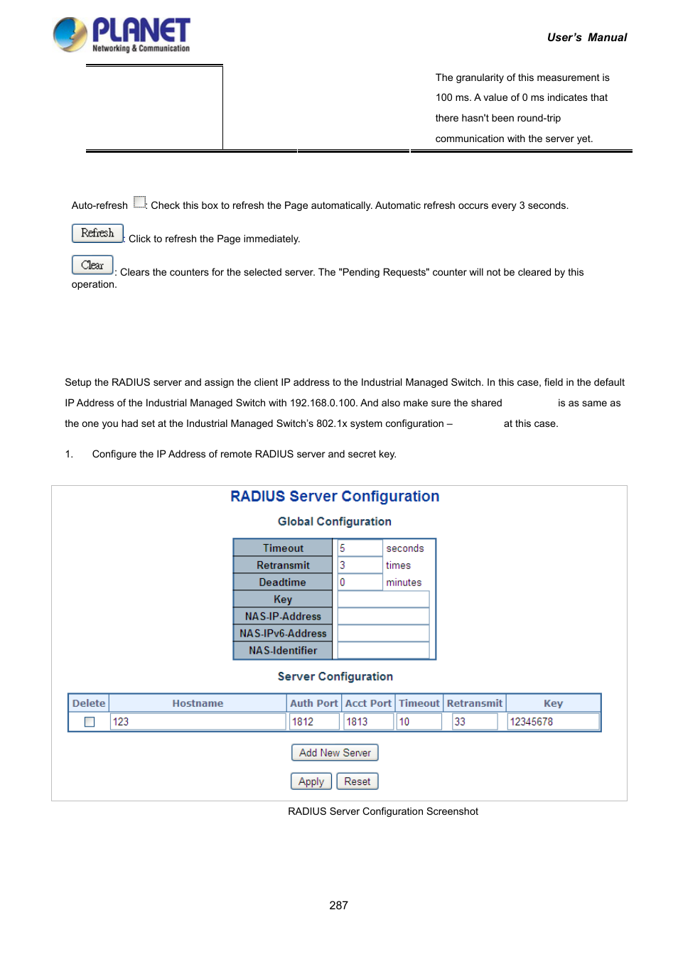 10 windows platform radius server configuration | PLANET IGS-10020HPT User Manual | Page 287 / 417