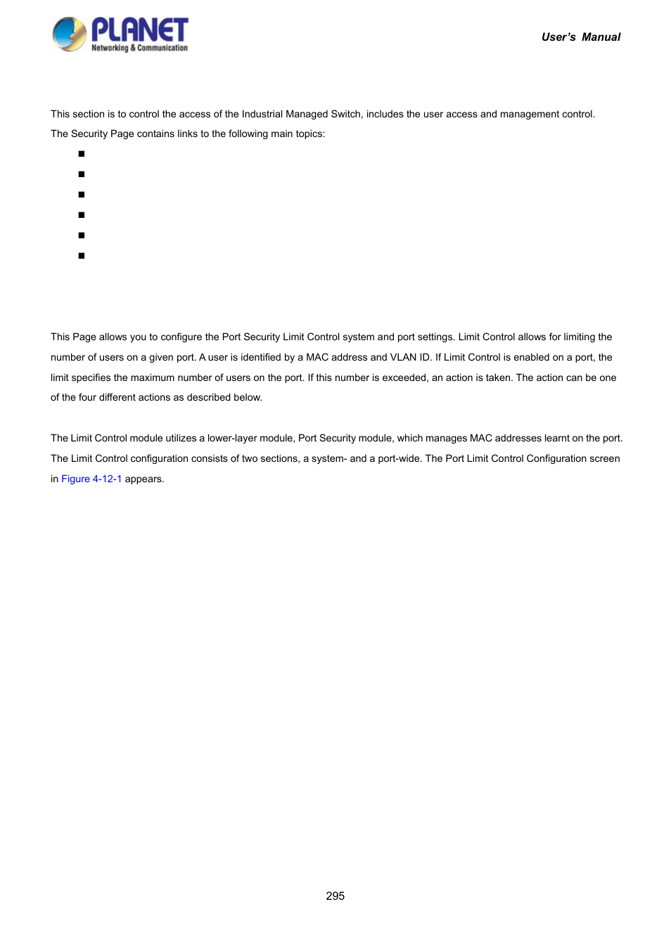 12 security, 1 port limit control | PLANET IGS-10020HPT User Manual | Page 295 / 417