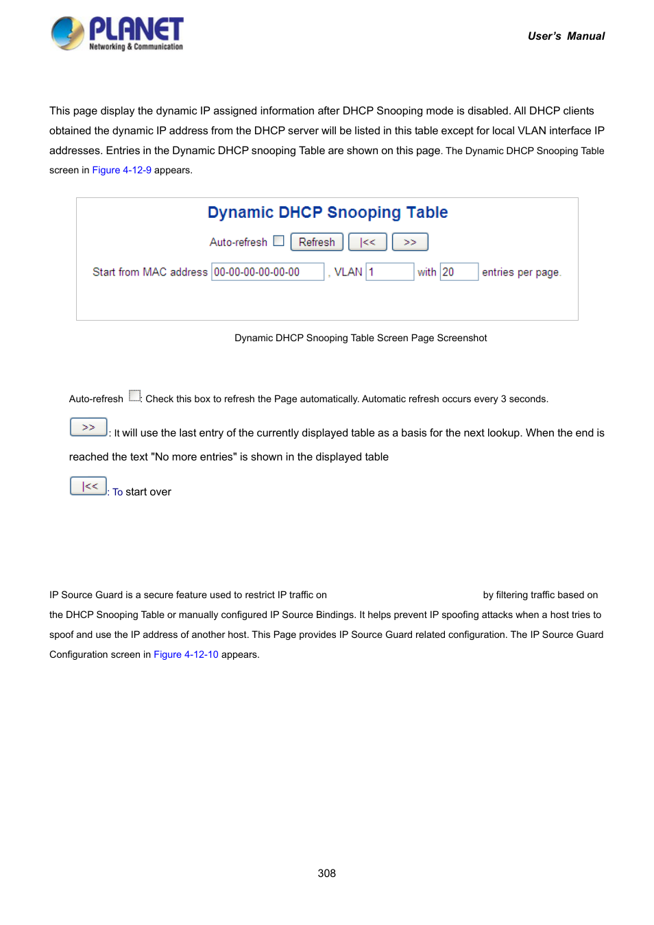 9 snooping table, 10 ip source guard configuration | PLANET IGS-10020HPT User Manual | Page 308 / 417