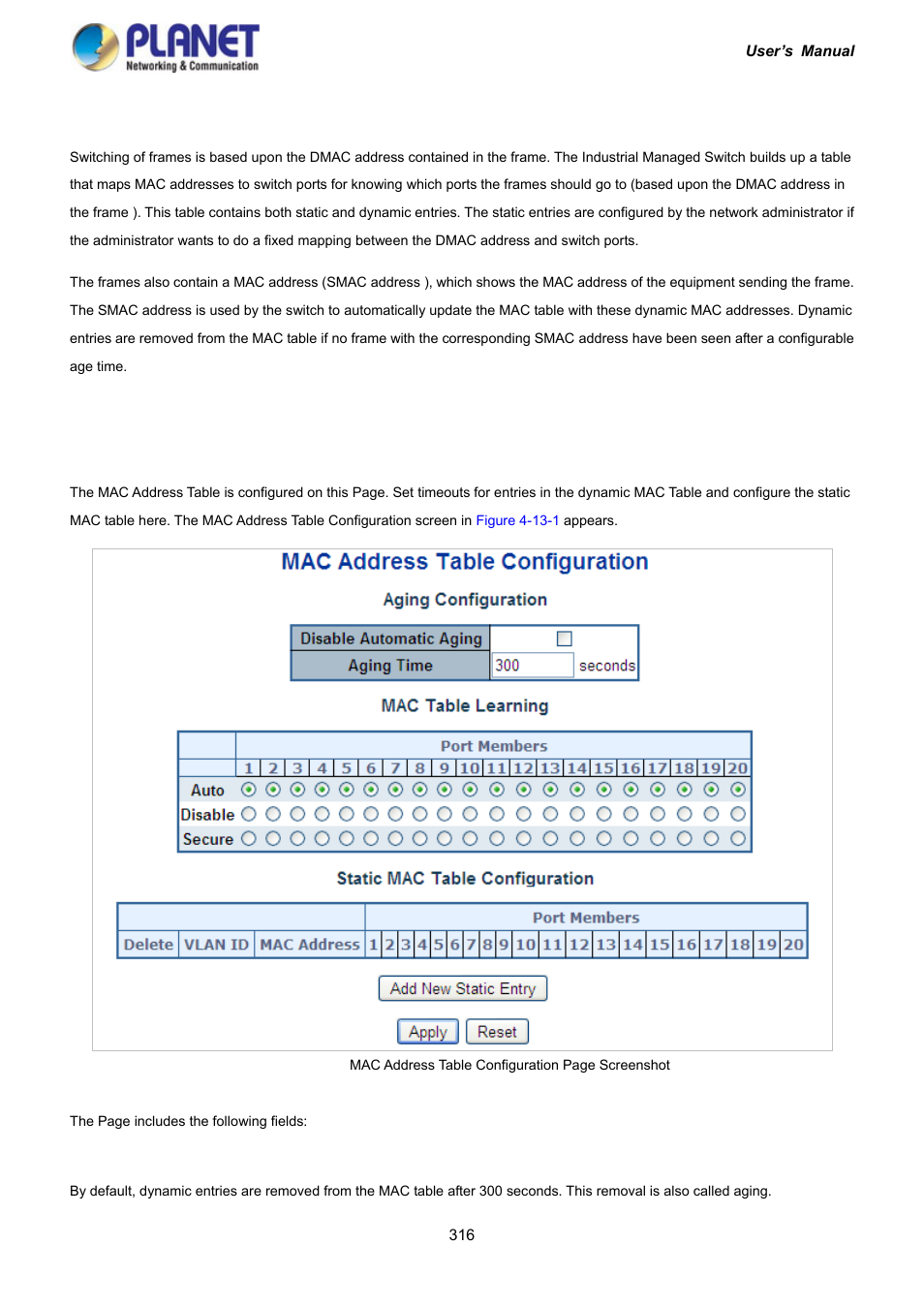13 mac address table, 1 mac table configuration | PLANET IGS-10020HPT User Manual | Page 316 / 417