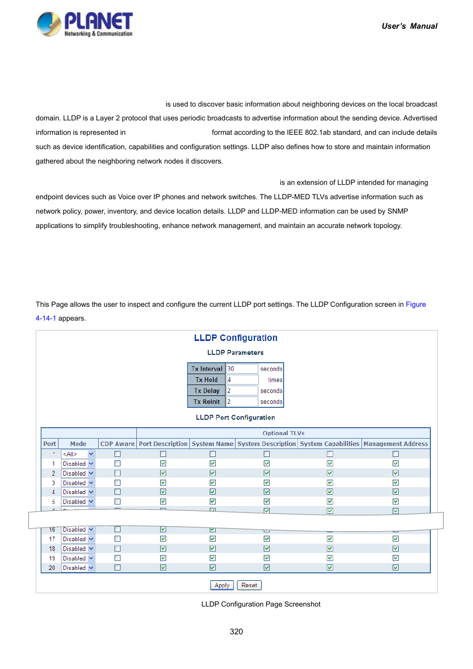 14 lldp, 1 link layer discovery protocol, 2 lldp configuration | PLANET IGS-10020HPT User Manual | Page 320 / 417