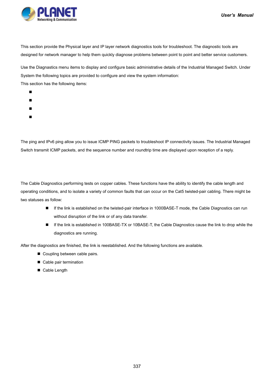15 network diagnostics, Ping, Cable diagnostics | PLANET IGS-10020HPT User Manual | Page 337 / 417