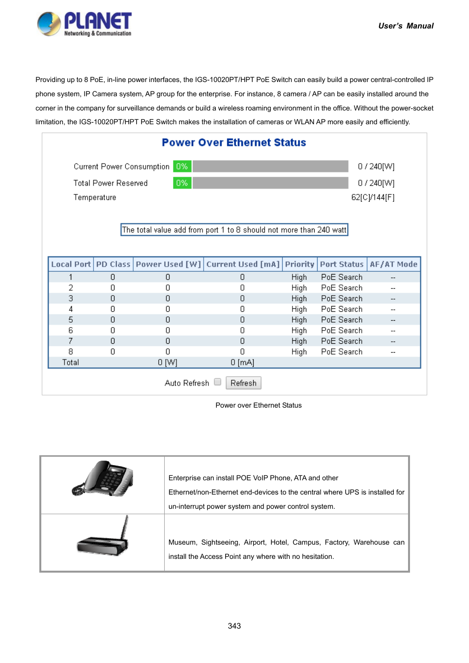 16 power over ethernet (igs-10020pt/hpt only), 1 power over ethernet powered device | PLANET IGS-10020HPT User Manual | Page 343 / 417