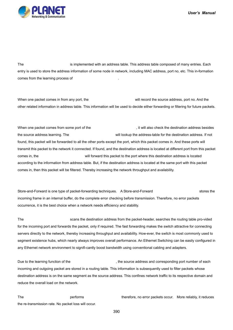 Switch operation, 1 address table, 2 learning | 3 forwarding & filtering, 4 store-and-forward | PLANET IGS-10020HPT User Manual | Page 390 / 417