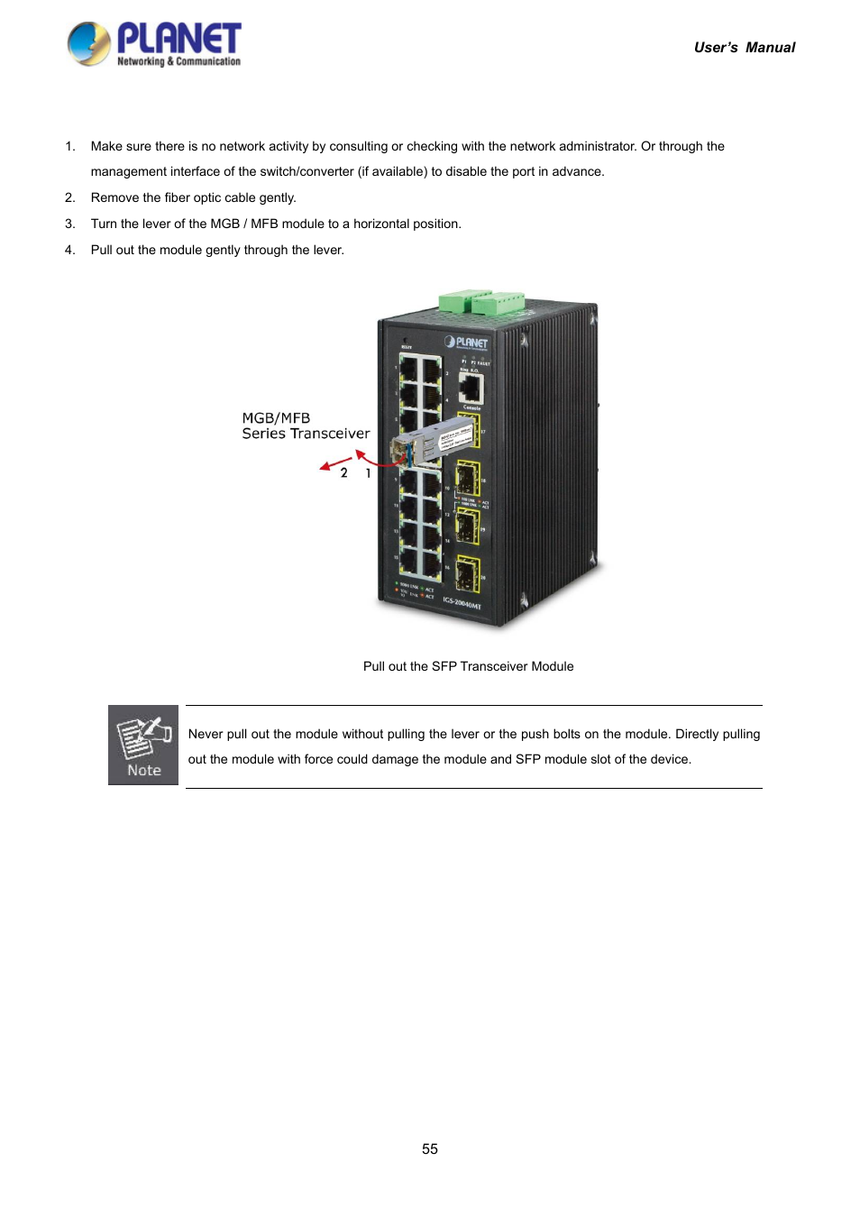 2 removing the sfp transceiver | PLANET IGS-10020HPT User Manual | Page 55 / 417