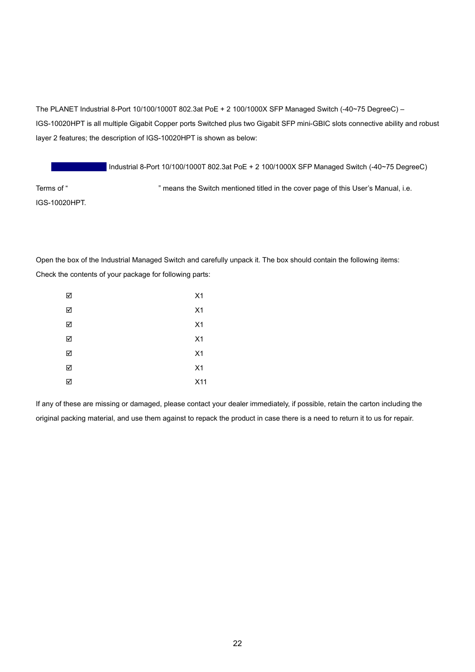 Introduction, 1 packet contents | PLANET IGS-10020HPT User Manual | Page 22 / 615