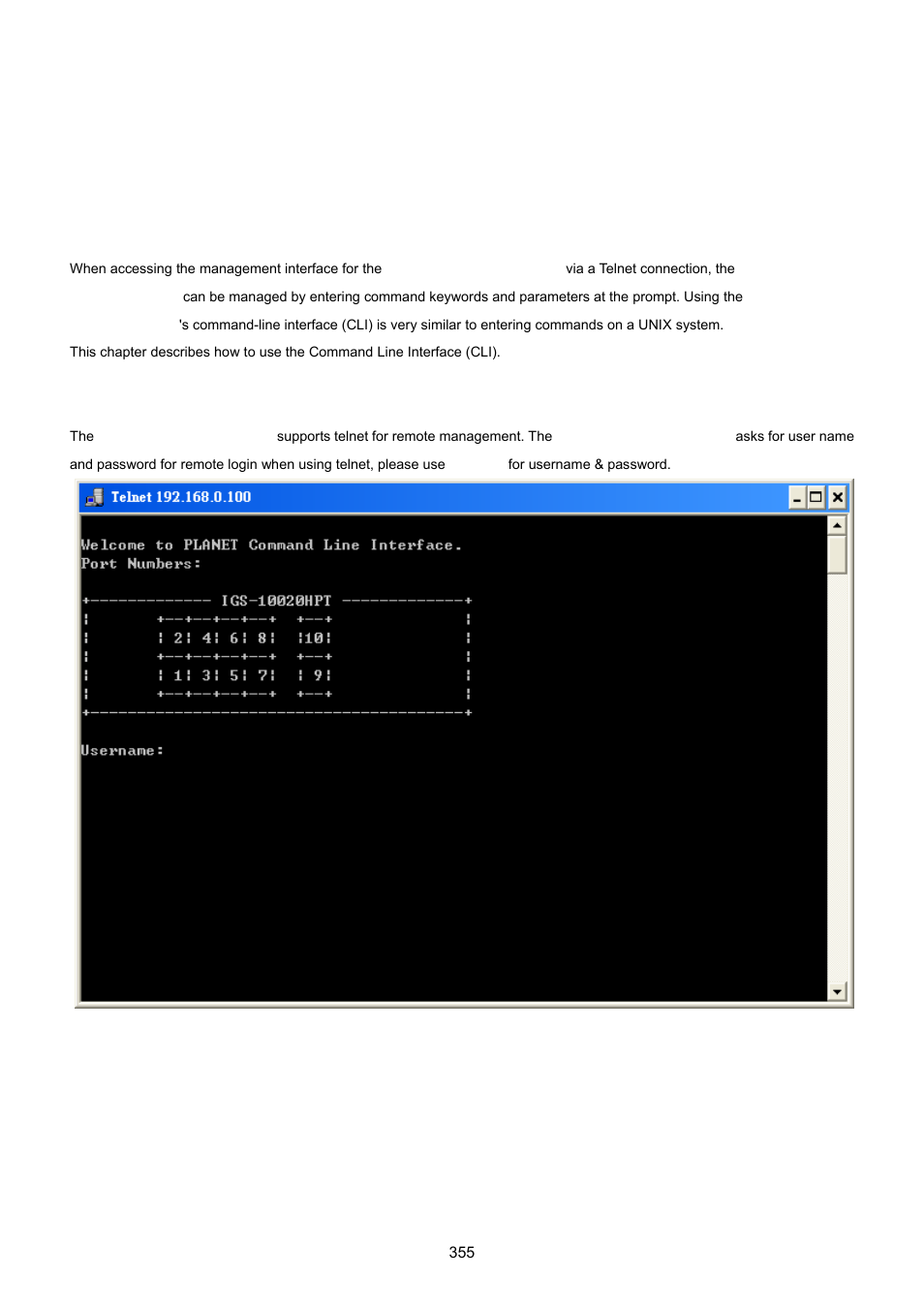 Command line interface, 1 accessing the cli, 2 telnet login | PLANET IGS-10020HPT User Manual | Page 355 / 615