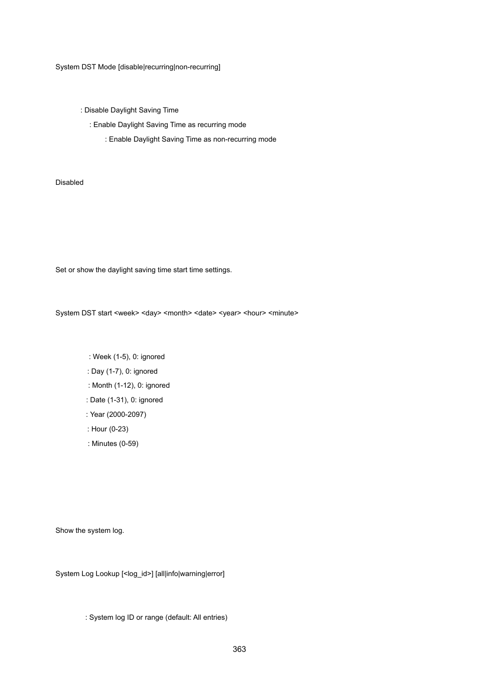 System dst start, System log lookup | PLANET IGS-10020HPT User Manual | Page 363 / 615