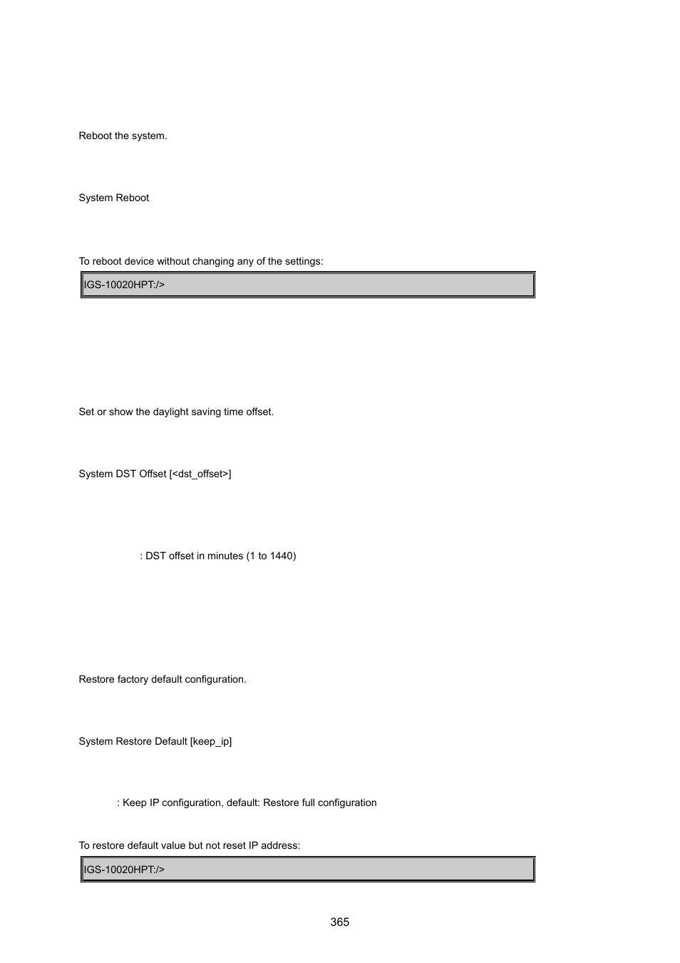 System reboot, System dst offset, System restore default | PLANET IGS-10020HPT User Manual | Page 365 / 615