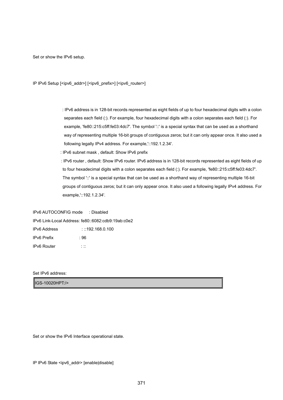 Ipv6 setup, Ipv6 state | PLANET IGS-10020HPT User Manual | Page 371 / 615