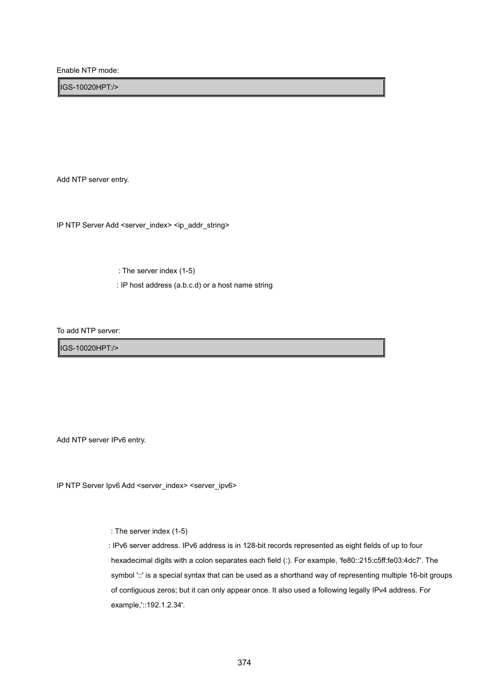 Ip ntp server add, Ip ntp server ipv6 add | PLANET IGS-10020HPT User Manual | Page 374 / 615