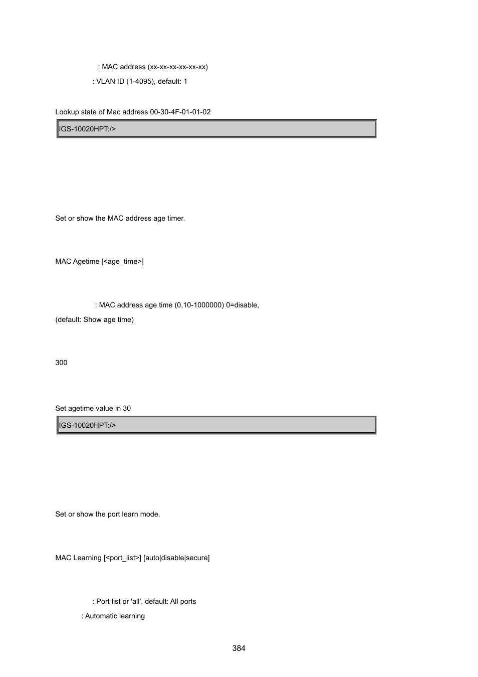 Mac age time, Mac learning | PLANET IGS-10020HPT User Manual | Page 384 / 615