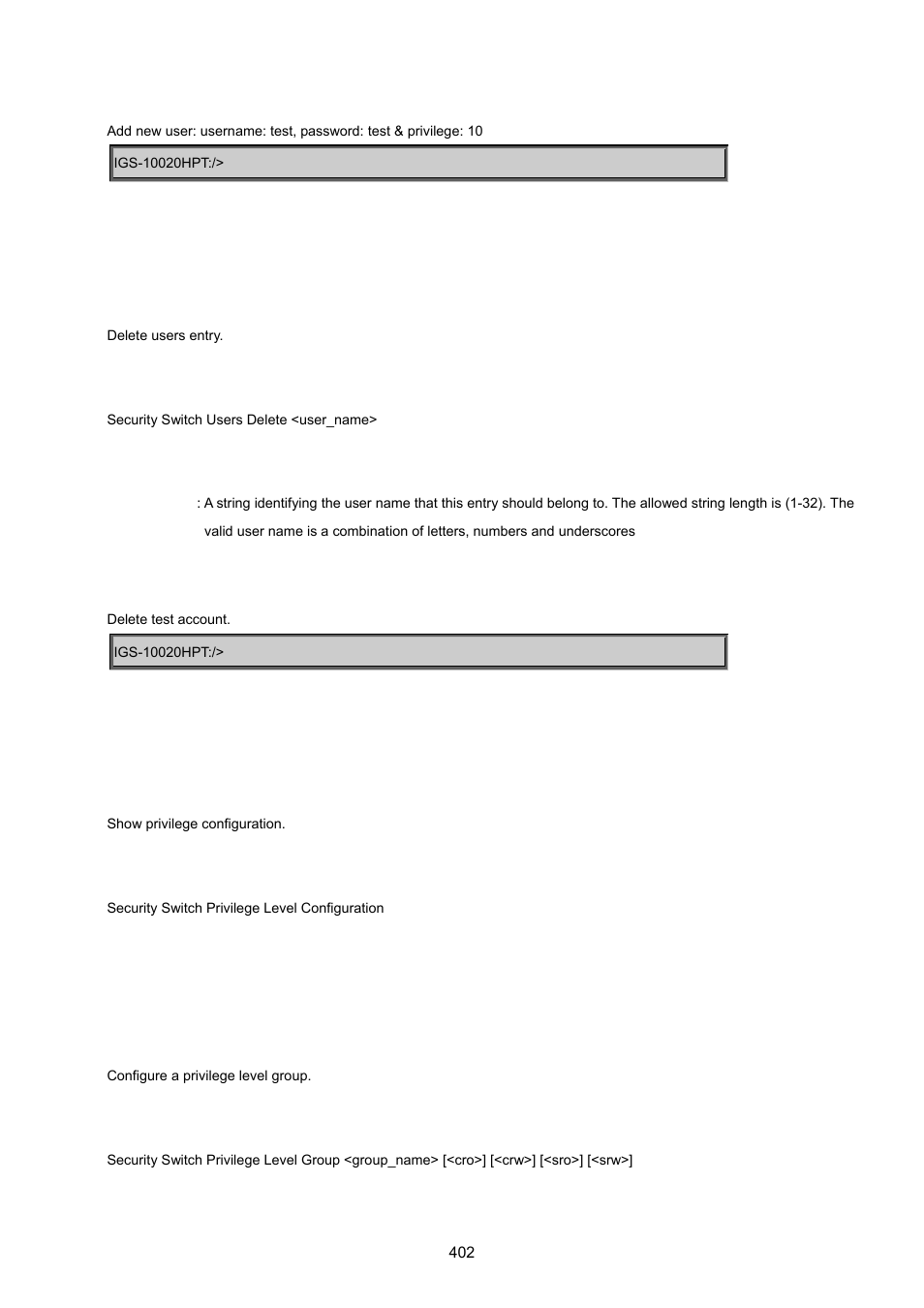Security switch user delete, Security switch privilege level configuration, Security switch privilege level group | PLANET IGS-10020HPT User Manual | Page 402 / 615