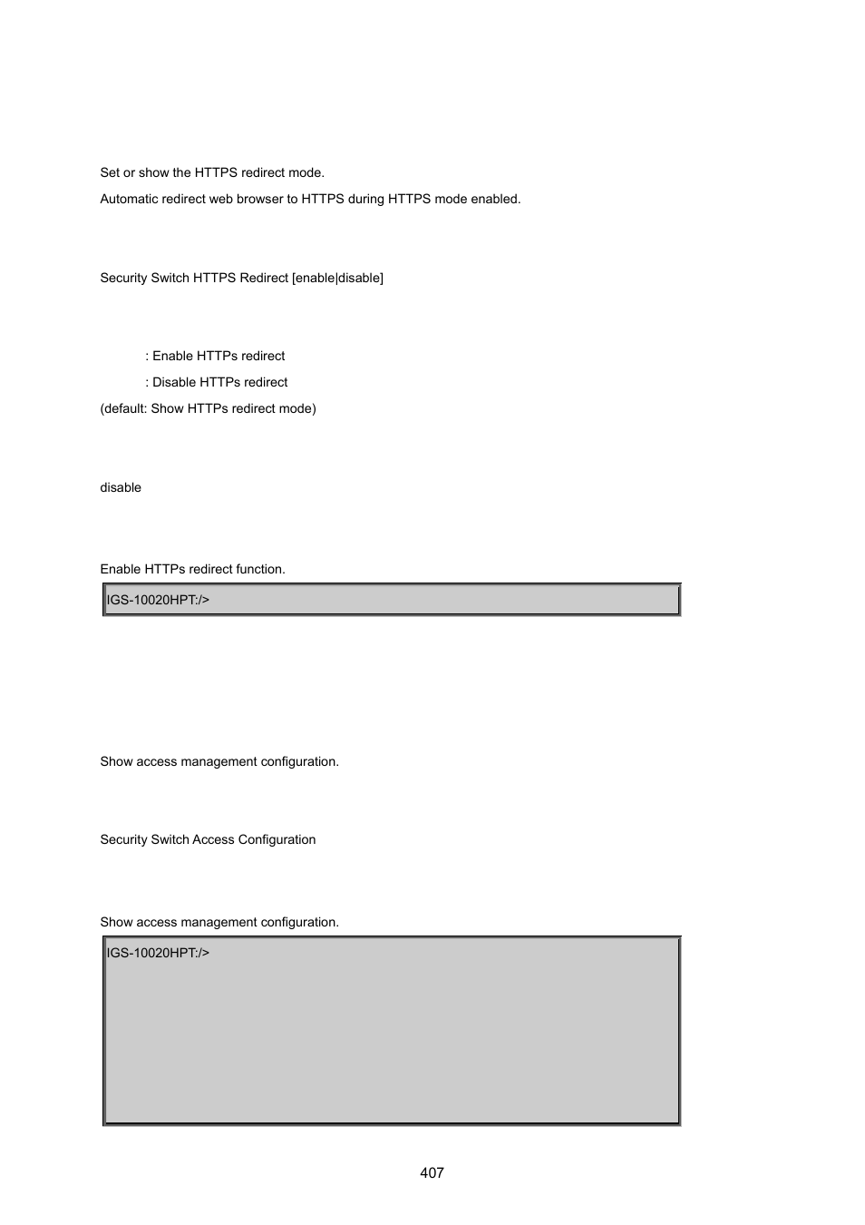 Security switch https redirect, Security switch access configuration | PLANET IGS-10020HPT User Manual | Page 407 / 615
