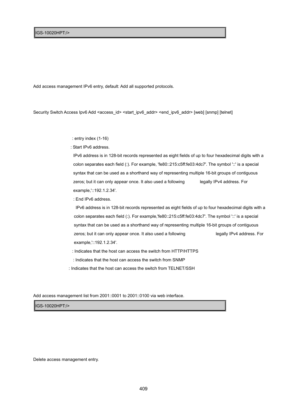 Security switch access ipv6 add, Security switch access delete | PLANET IGS-10020HPT User Manual | Page 409 / 615
