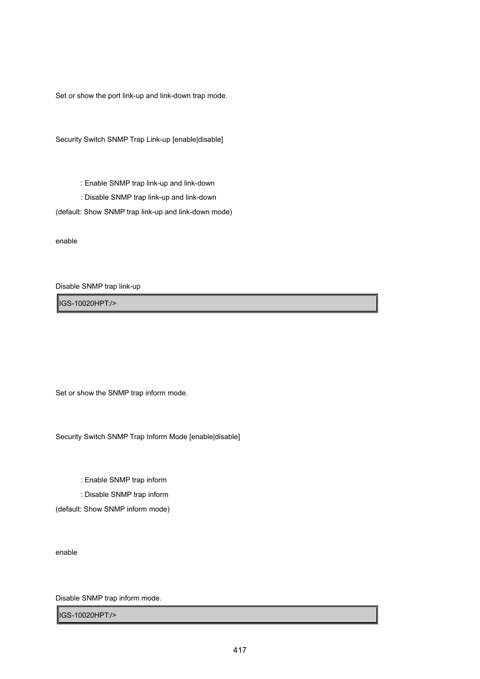 Security switch snmp trap link-up, Security switch snmp trap inform mode | PLANET IGS-10020HPT User Manual | Page 417 / 615