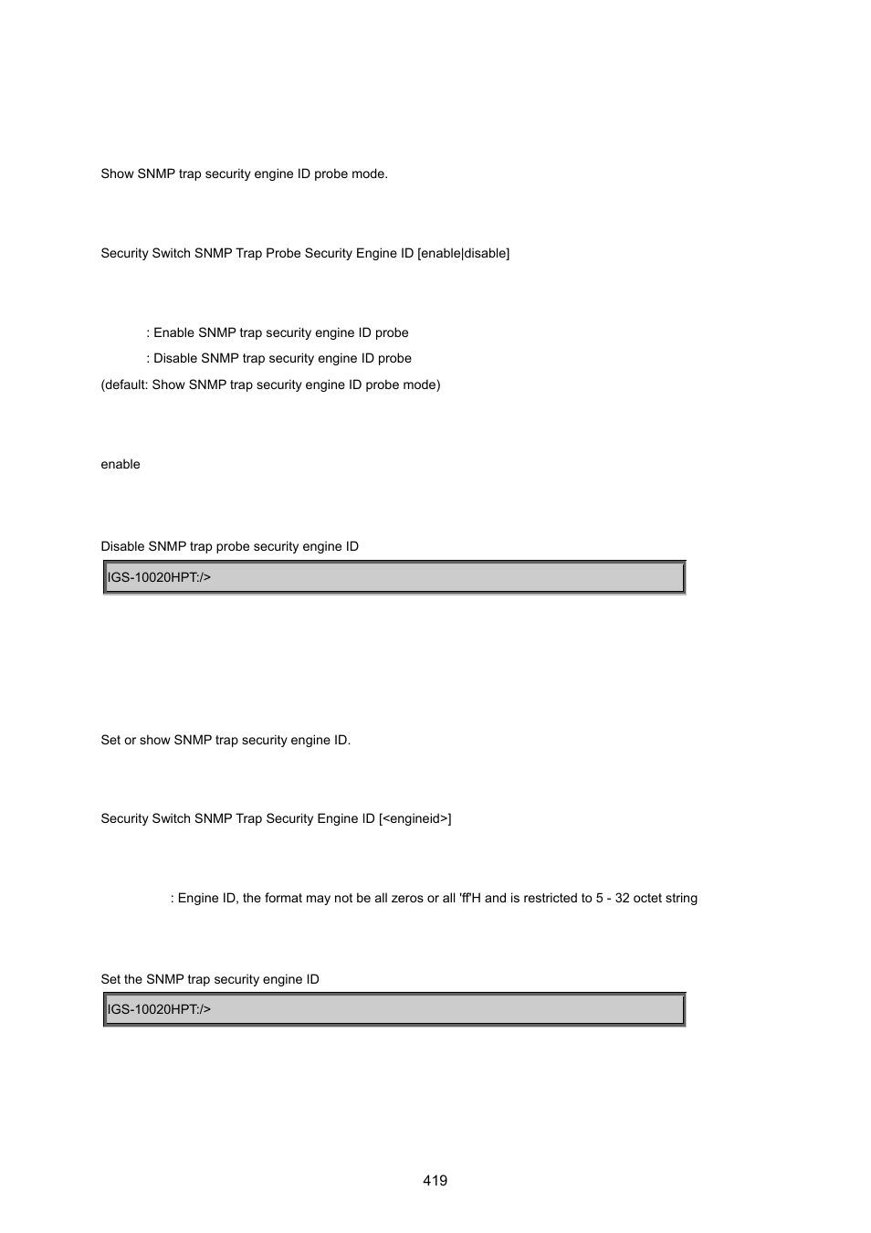 Security switch snmp trap probe security engine id, Security switch snmp trap security engine id | PLANET IGS-10020HPT User Manual | Page 419 / 615