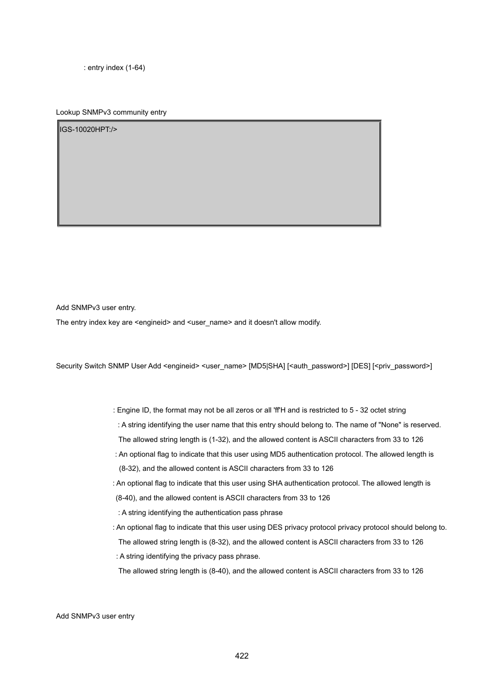 Security switch snmp user add | PLANET IGS-10020HPT User Manual | Page 422 / 615