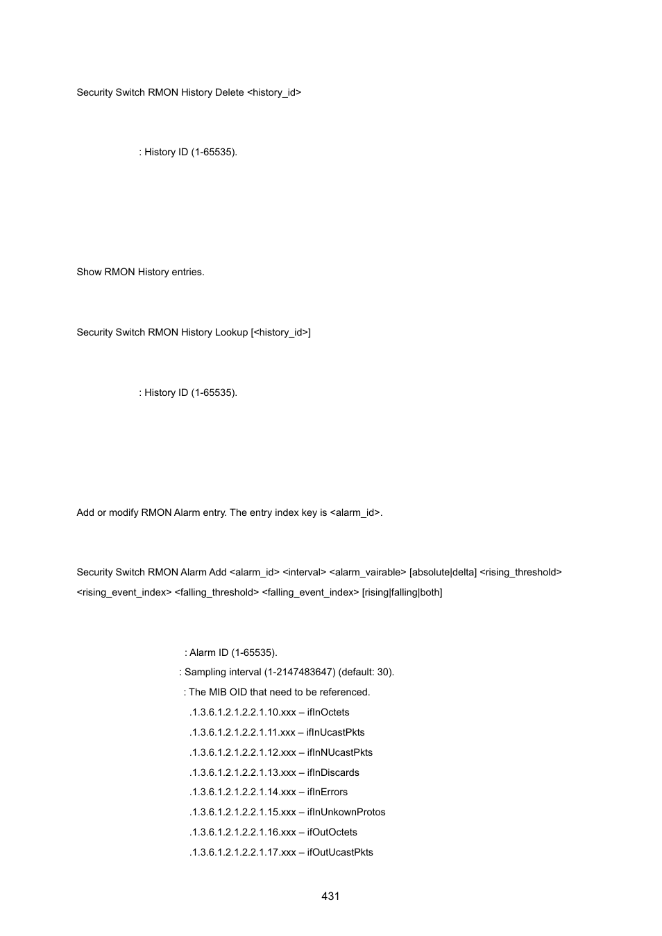Security switch rmon history lookup, Security switch rmon alarm add | PLANET IGS-10020HPT User Manual | Page 431 / 615