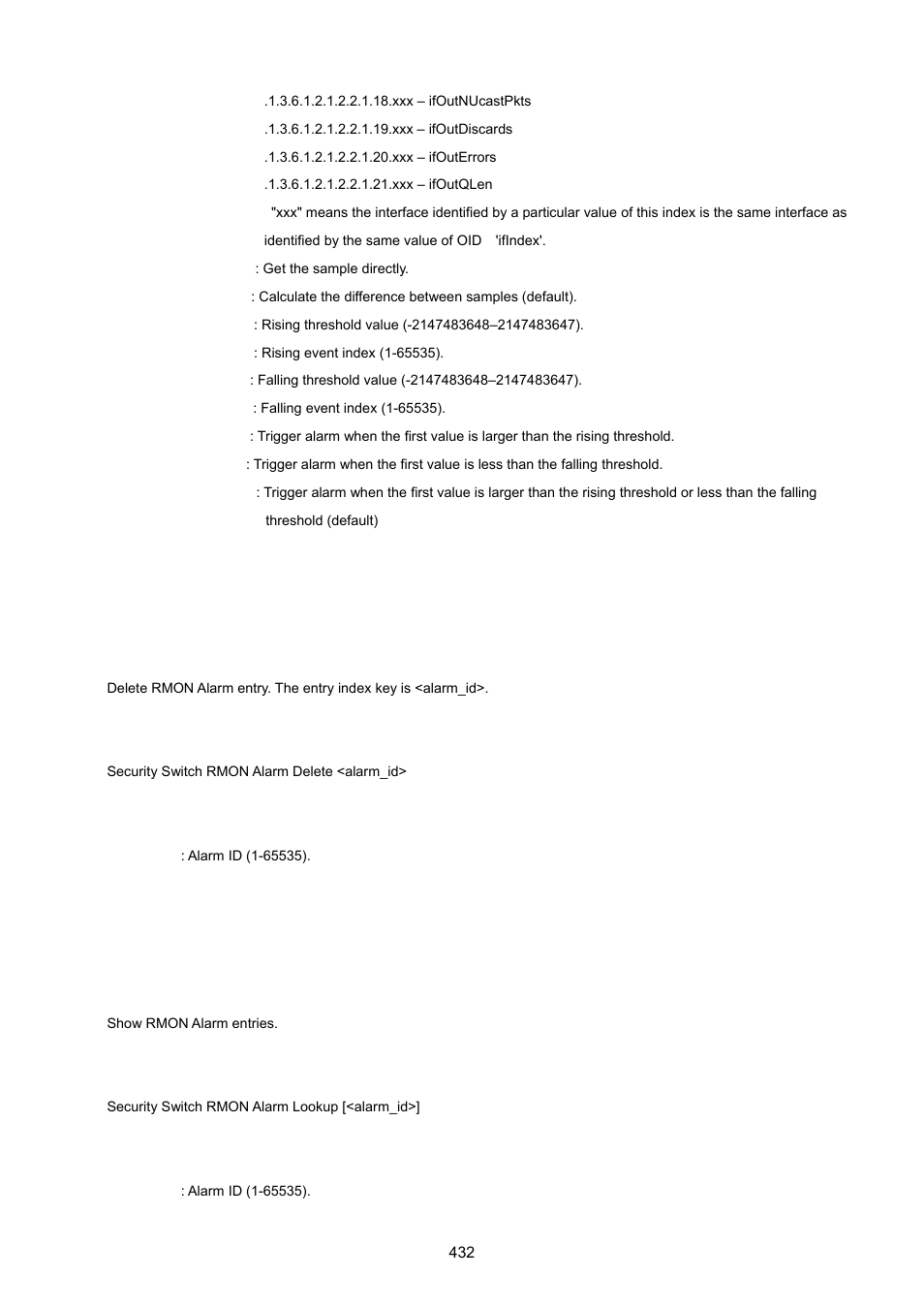 Security switch rmon alarm delete, Security switch rmon alarm lookup | PLANET IGS-10020HPT User Manual | Page 432 / 615
