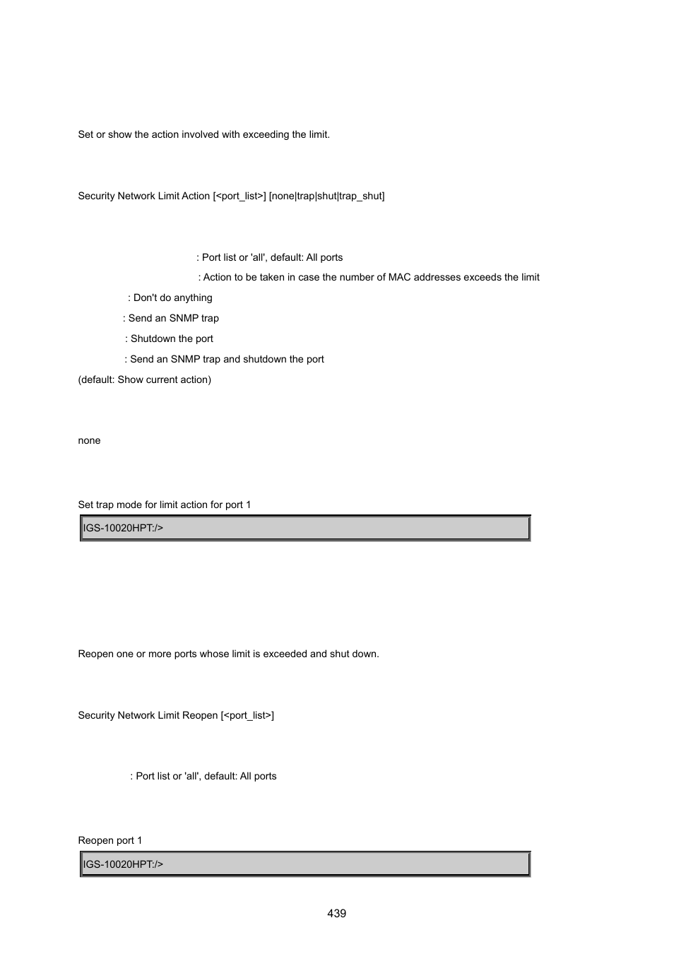 Security network limit action, Security network limit reopen | PLANET IGS-10020HPT User Manual | Page 439 / 615