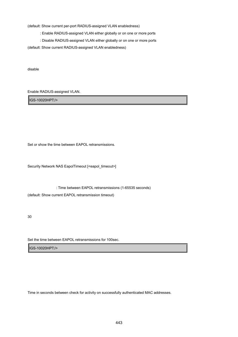 Security network nas eapoltimeout, Security network nas agetime | PLANET IGS-10020HPT User Manual | Page 443 / 615