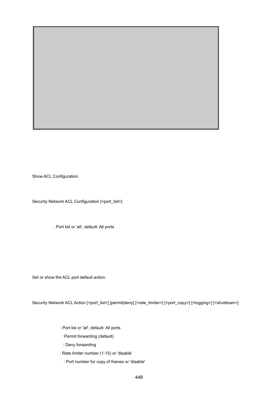 Security network acl configuration, Security network acl action | PLANET IGS-10020HPT User Manual | Page 448 / 615