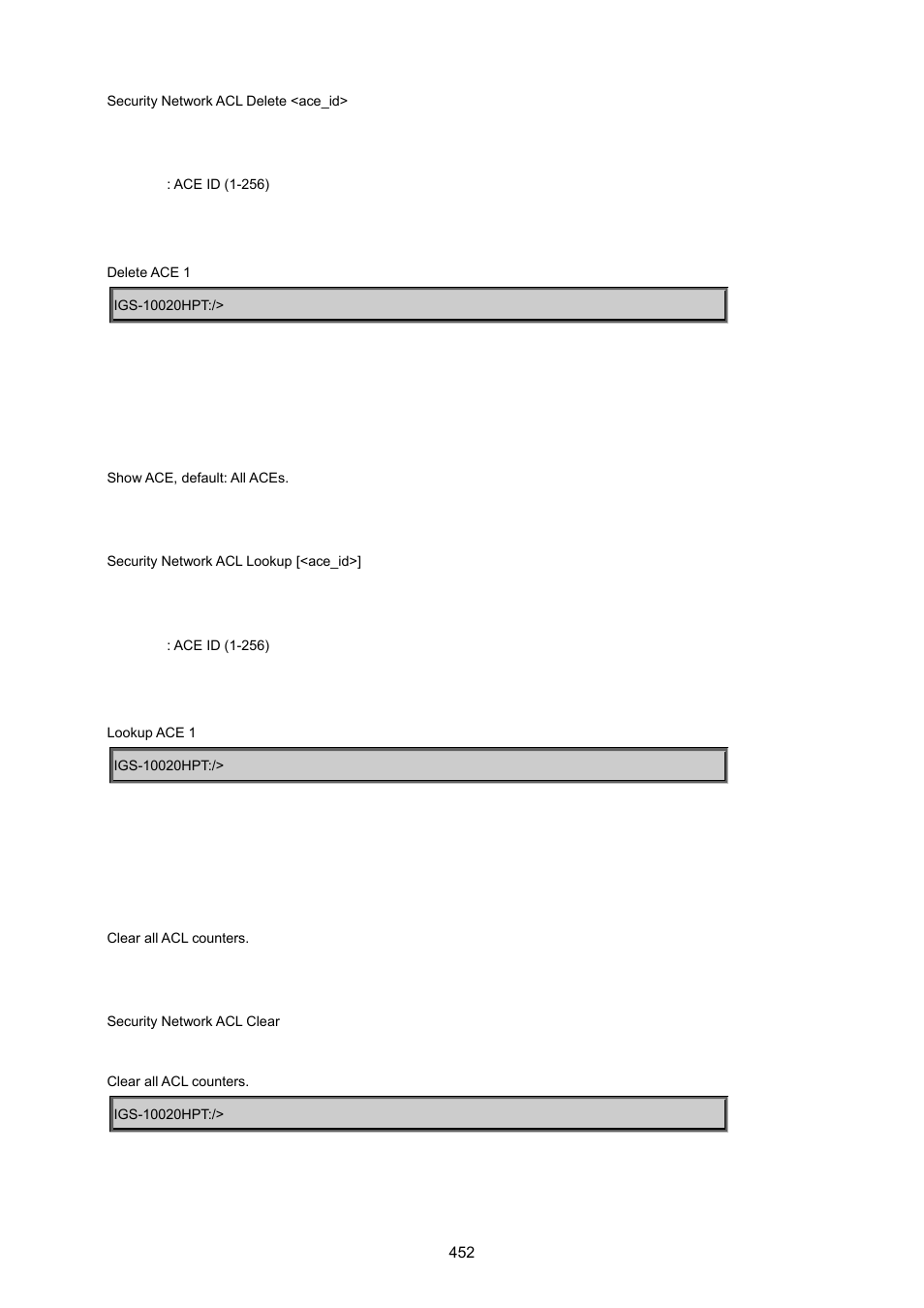 Security network acl lookup, Security network acl clear | PLANET IGS-10020HPT User Manual | Page 452 / 615