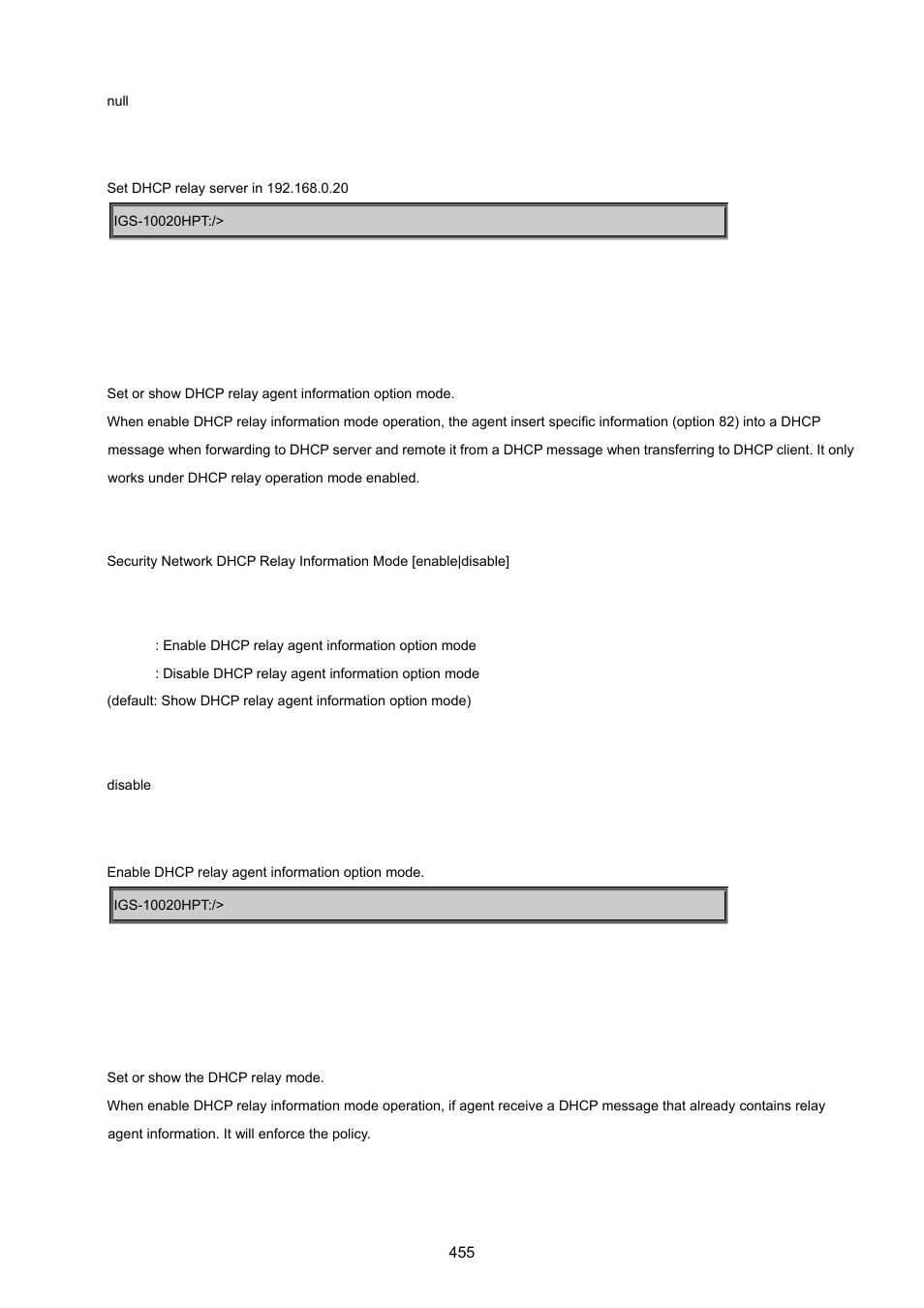 Security network dhcp relay information mode, Security network dhcp relay information policy | PLANET IGS-10020HPT User Manual | Page 455 / 615