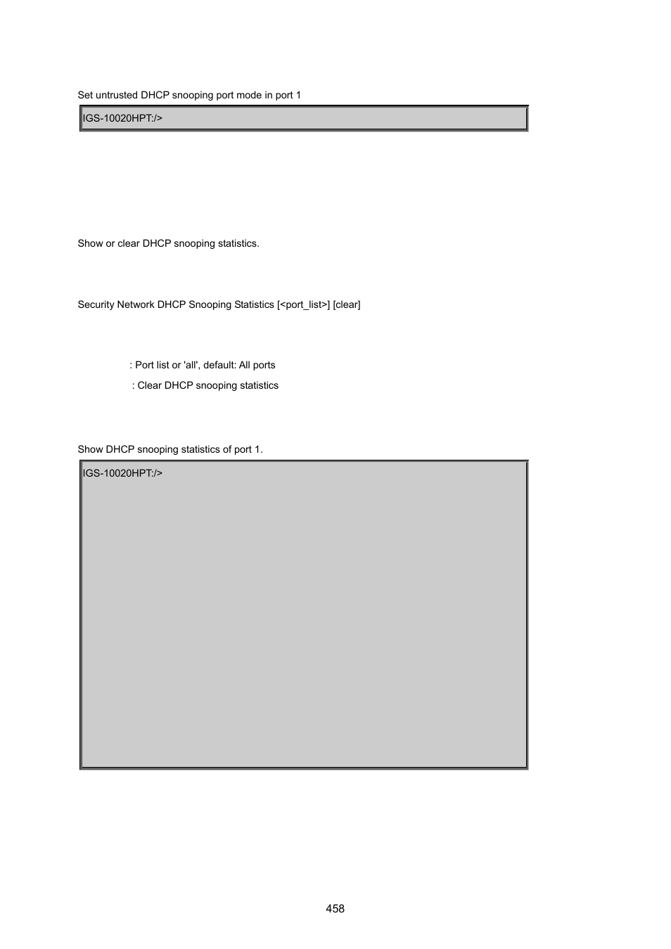 Security network dhcp snooping statistics, Security network ip source guard configuration | PLANET IGS-10020HPT User Manual | Page 458 / 615