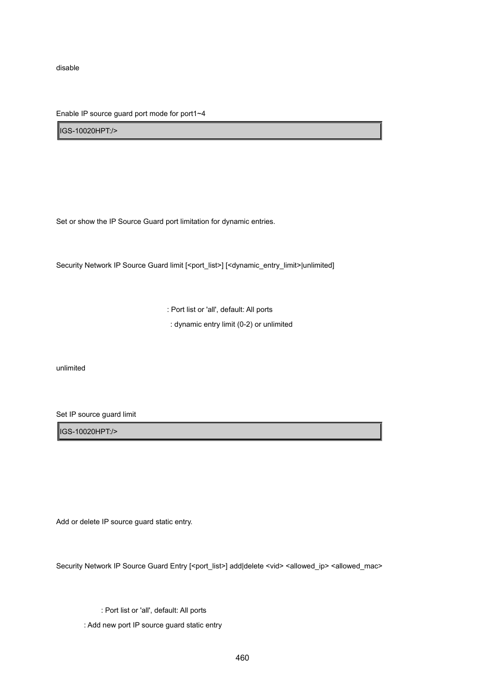 Security network ip source guard limit, Security network ip source guard entry | PLANET IGS-10020HPT User Manual | Page 460 / 615