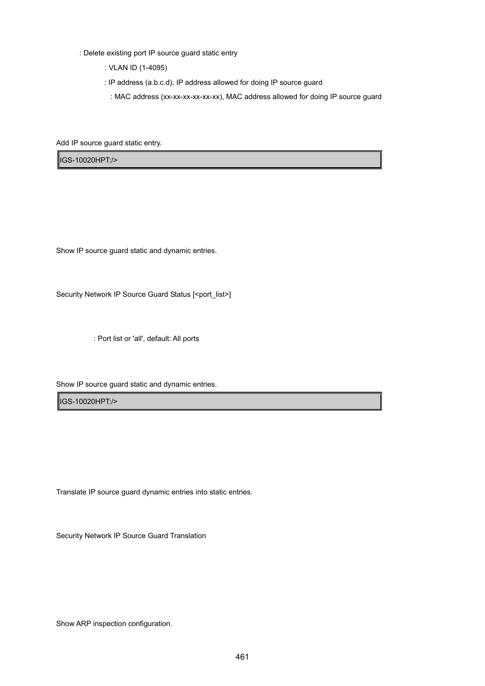Security network ip source guard status, Security network ip source guard translation, Security network arp inspection configuration | PLANET IGS-10020HPT User Manual | Page 461 / 615