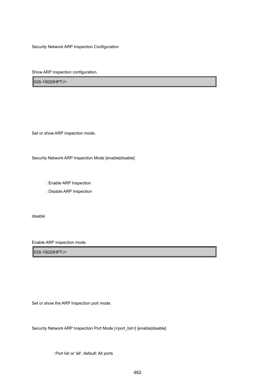 Security network arp inspection mode, Security network arp inspection port mode | PLANET IGS-10020HPT User Manual | Page 462 / 615