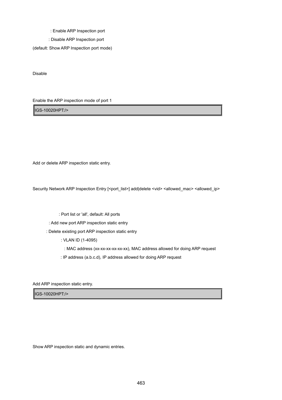 Security network arp inspection entry, Security network arp inspection status | PLANET IGS-10020HPT User Manual | Page 463 / 615