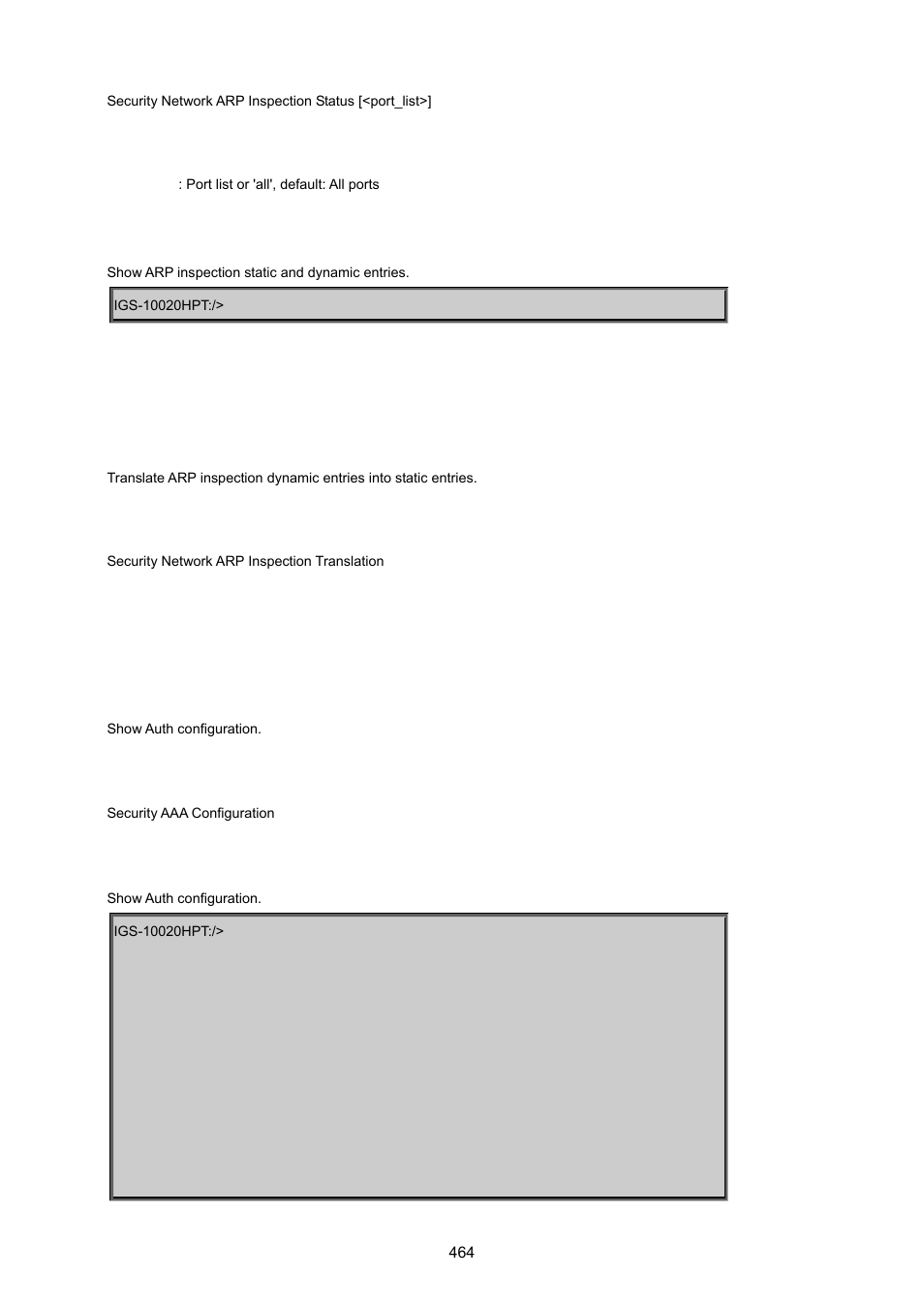 Security network arp inspection translation, Security aaa configuration | PLANET IGS-10020HPT User Manual | Page 464 / 615