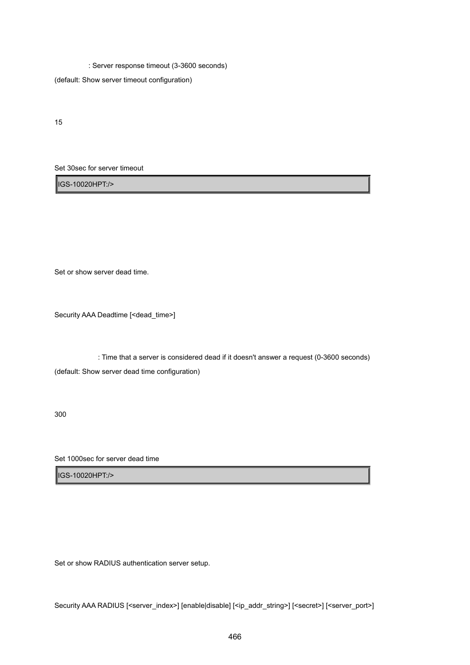 Security aaa deadtime, Security aaa radius | PLANET IGS-10020HPT User Manual | Page 466 / 615
